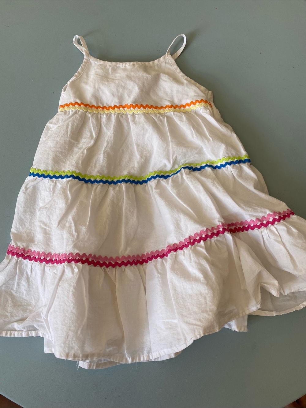 White Cotton Toddler Sundress with Rainbow Ric Rac Trim 4T
